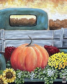 a painting of a pumpkin in the back of a pick up truck with flowers and sunflowers