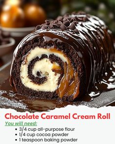 a chocolate caramel cream roll on a plate