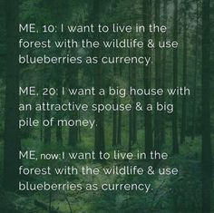 a forest filled with lots of trees next to a text that reads me 10 i want to live in the forest with the wildlife and use blueberries as currency