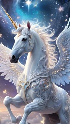 a white unicorn with wings and stars in the night sky, on its hind legs