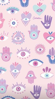 a pink wallpaper with many different colored hands and hearts on it's side