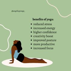 a woman laying on the ground with her legs crossed in front of her body and words describing benefits of yoga