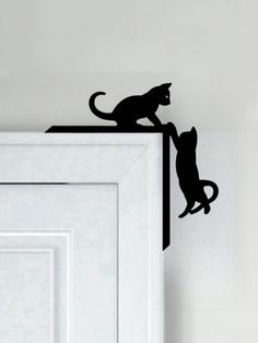 a cat and dog are standing on top of a door frame, one is looking at the other