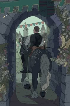 a man riding on the back of a black horse through a tunnel filled with flowers