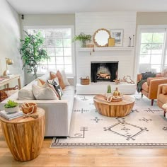 a living room filled with furniture and a fire place in the middle of the room