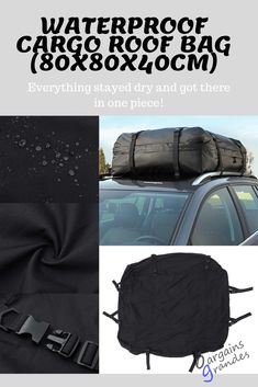 waterproof cargo bag on the back of a car with text overlaying it