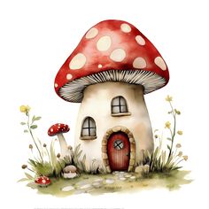 an illustration of a mushroom house with a red door and white polka dots on it