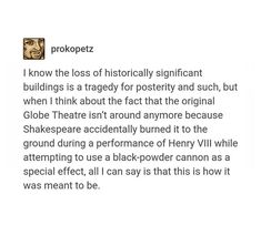 a text message from shakespeare about his performance in the play, prokopetz