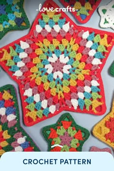 crochet star coasters with text overlay that reads, love crafts crochet pattern