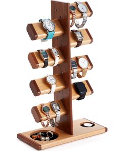 a wooden stand with several watches on it