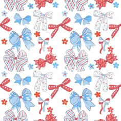 an image of bows and flowers on a white background with red, white, and blue colors