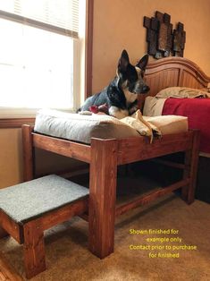 a dog sitting on top of a bed with a wooden frame and foot rest in front of it