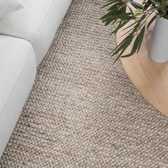 a white couch sitting next to a plant on top of a wooden table in a living room