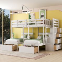 a bedroom with bunk beds and drawers on the floor in front of a yellow wall