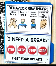 the behavior reminders for students to use on their books are shown in blue folders