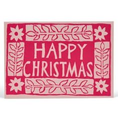 a red and white christmas card with the words happy christmas written in pink on it