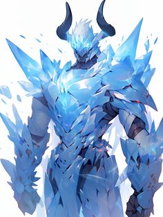 an iceman with horns and blue eyes standing in front of a white background,