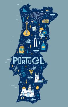 the map of portugal is shown with all its major cities and their main attractions in blue