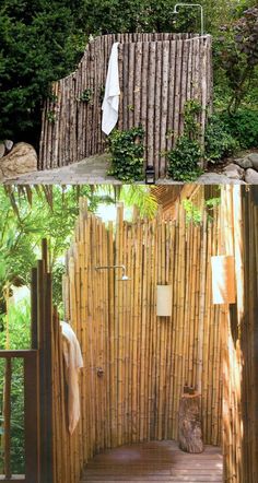 an outdoor shower made out of bamboo sticks