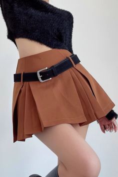 High Waist Y2k Style Skirt, Solid Color High Waist Y2k Skirt, High Waist Y2k Skirt For Fall, Solid High Waist Y2k Skirt, Summer High Waist Belted Skort, Casual Hip-length Lined Skirt, Y2k High Waist Fall Skirt, High Waist Mini Skirt With Belt For Summer, Brown Pleated Skort For Summer