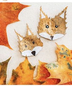 two foxes made out of leaves sitting on top of a table next to each other