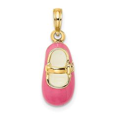 Enhance Your Collection With This Elegant 14k Gold Pendant, Featuring A Polished Finish That Exudes Sophistication. The Pendant Is Beautifully Accented With Pink Enamel, Adding A Vibrant And Charming Touch. Its 3d Design Offers A Captivating Depth And Dimension, Making It A Standout Piece For Any Jewelry Lover. Measuring 21.75 Mm In Length, The Charm Itself Is 15.75 Mm Long And 7.9 Mm Wide, Providing A Balanced And Eye-Catching Presence. The 5 Mm Wide Bail And 7 Mm Bail Length Ensure A Secure An Shoe Pendant, 3d Material, Pink Charm, Pink Enamel, Shoe Charms, Fine Jewellery Necklace, Jewelry Lover, 3d Design, Accent Colors