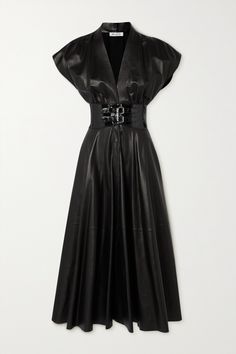 Alaïa toughens up this black leather dress with a patent, croc-effect belt, recalling the waist-cinching styles that heralded Pieter Mulier's first collection with the label. It has a plunging V-neck framed by capped sleeves and a paneled, flared skirt. Heighten the sculptural look by pairing it with wedges or heels. Bar Owner, Alaia Dress, Dressy Hats, Black Leather Dress, Leather Midi Dress, A Line Maxi Dress, Black Leather Dresses, Gothic Vintage, Capped Sleeves