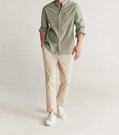 Men’s Classy Casual, Summer Evening Outfit Men, Men In Khaki Pants Outfit, Yellow Chinos Men Outfit, Dusky Men Outfit, Semi Formal Men Outfit Summer, Sage Green Men Outfit, Men Casual Wedding Outfit Guest, Smart Casual Men Outfit Work Office