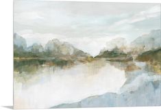 an abstract painting of mountains and water