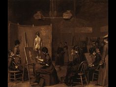 an old painting with people standing around and sitting at easels in front of them