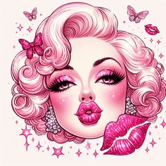 a drawing of a woman with pink hair and butterflies on her face, wearing lipstick