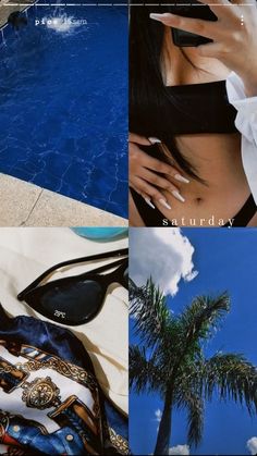 a collage of photos with palm trees and sunglasses