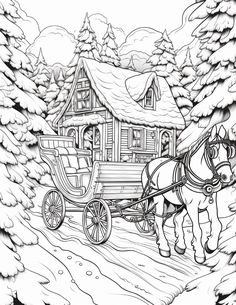 a drawing of a horse drawn carriage in the snow with a cabin on it's roof