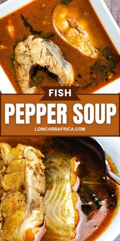 fish pepper soup in a white bowl on a wooden table with the title above it