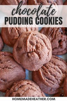 chocolate pudding cookies stacked on top of each other with text overlay that reads chocolate pudding cookies