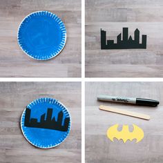 paper plate batman craft for kids to make with construction paper plates and cut out silhouettes