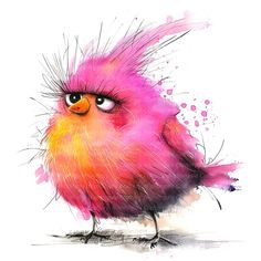 a watercolor painting of a pink bird with orange eyes and long, spiky feathers