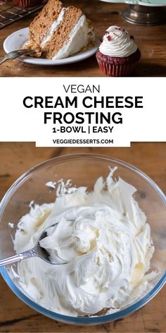 a bowl filled with cream cheese frosting on top of a wooden table