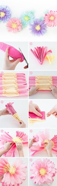 how to make tissue paper flowers with pink and yellow strips on the stems, then cut them in half