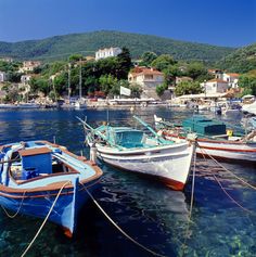 several small boats tied up in the water