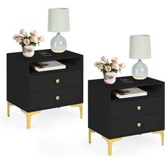 two black nightstands with flowers on each side