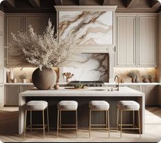 a kitchen with marble counter tops and white stools