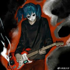 a man with blue hair playing an electric guitar