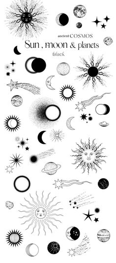 the sun, moon and planets are shown in this black and white poster with stars