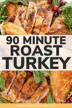 roast turkey on a platter with text overlay that reads 90 minute roast turkey