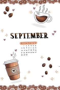 a calendar with coffee and hearts on it