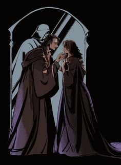 a man and woman standing next to each other in front of a mirror with the image of darth vader on it