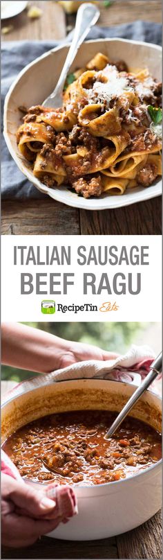 italian sausage beef ragu in a white bowl on a wooden table with text overlay