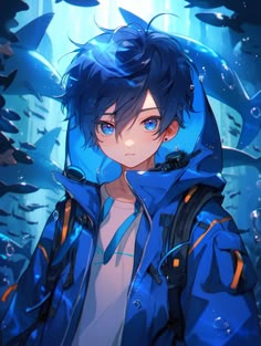 an anime character with blue hair standing in front of a forest full of fish and looking at the camera