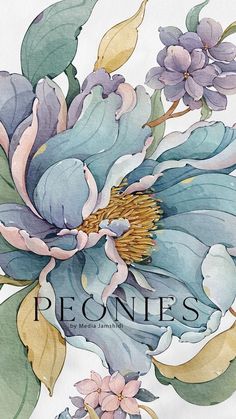 the cover of peonies magazine with watercolor flowers on white paper and green leaves